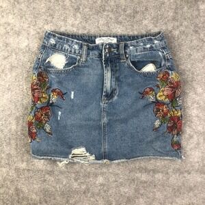 Free Heart Denim Skirt Women's Size 26 Floral Embroidered Blue Artsy Boho